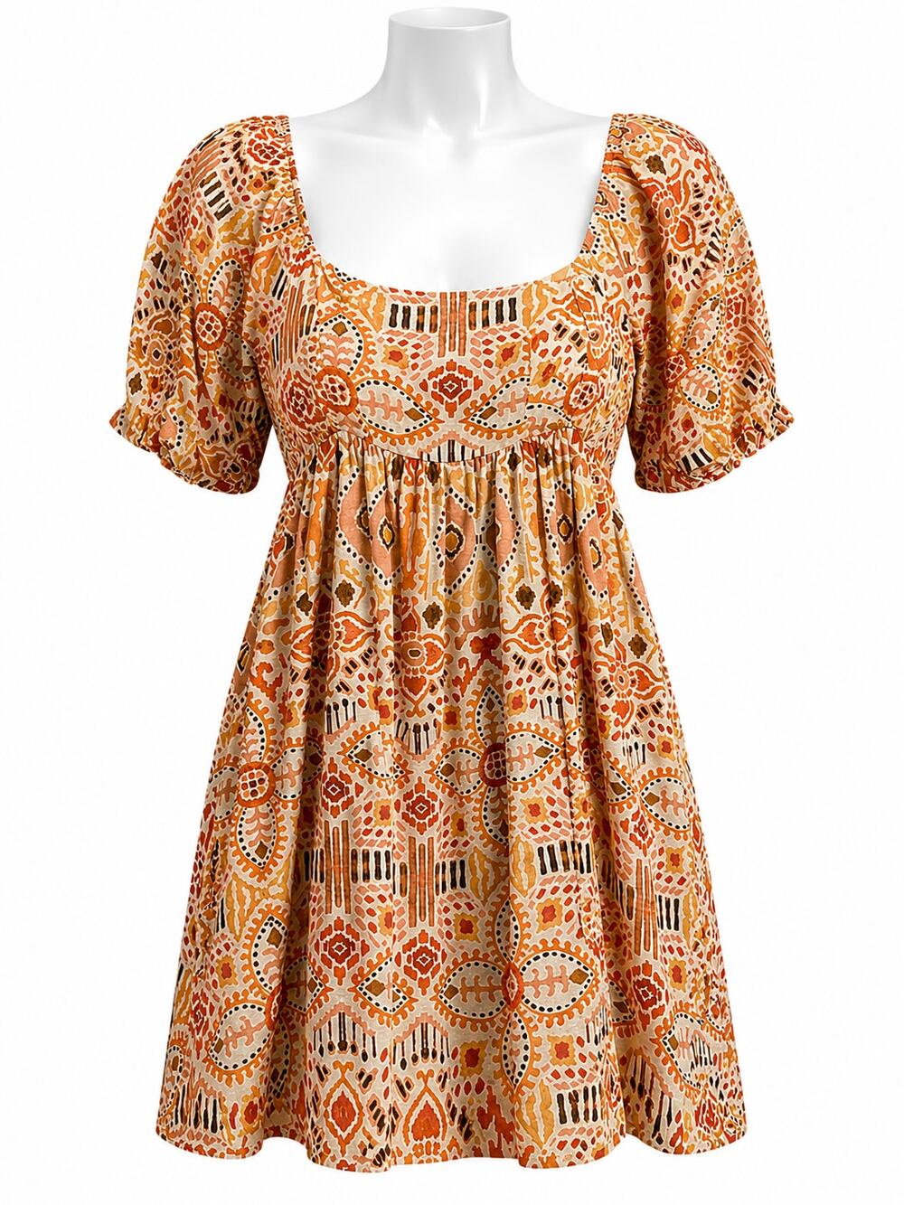 In the Beginning Boho Babydoll Orange/Brown Mini Dress  - Size L